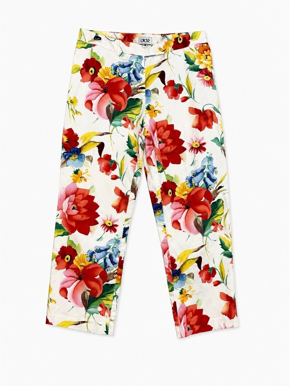 CachΓ© Floral Crop Pants Women's Size 8 White Multicolor Cotton Blend Slim Ankle